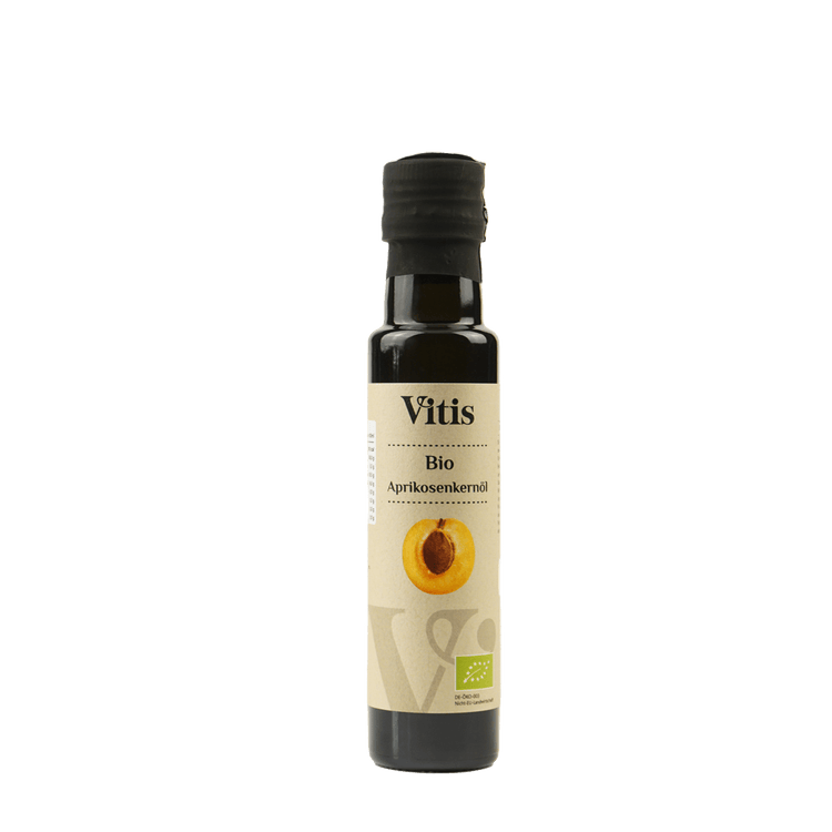 Eine Flasche 100ml kaltgepresstes Bio Aprikosenkernöl von der Firma Vitis Traubenkern GmbH.