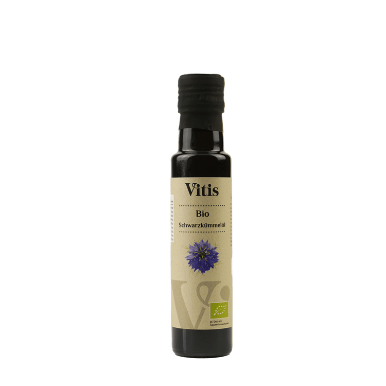 Eine Flasche 100ml kaltgepresstes Bio Schwarzkümmelöl von der Firma Vitis Traubenkern GmbH.