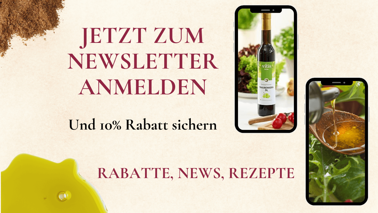 Ein Anmeldeformular der Firma Vitis Traubenkern GmbH. Es ist eine Flache Traubenkernöl zu sehen und es wird mit einem Anmelderabatt von 10 geworben.