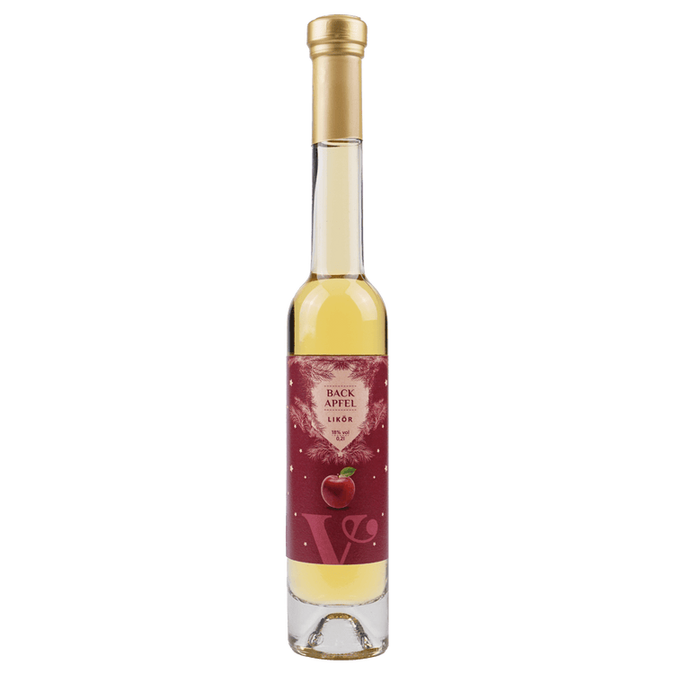 Eine 200ml Flasche Backapfel Likör der Firma Vitis Traubenkern GmbH.
