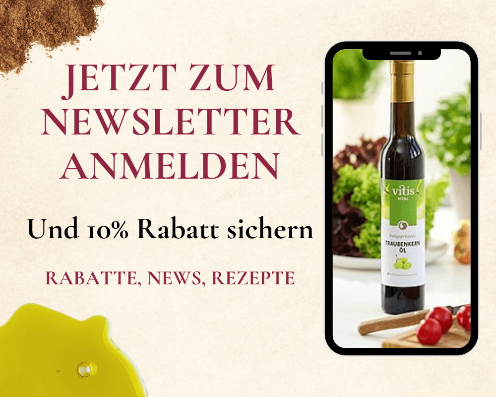 Ein Anmeldeformular der Firma Vitis Traubenkern GmbH. Es ist eine Flache Traubenkernöl zu sehen und es wird mit einem Anmelderabatt von 10 geworben.