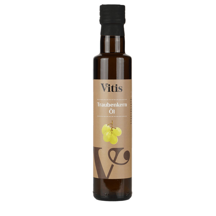 Eine Flasche 250ml kaltgepresstes Traubenkernöl der Firma Vitis Traubenkern GmbH in einem neuen Design.