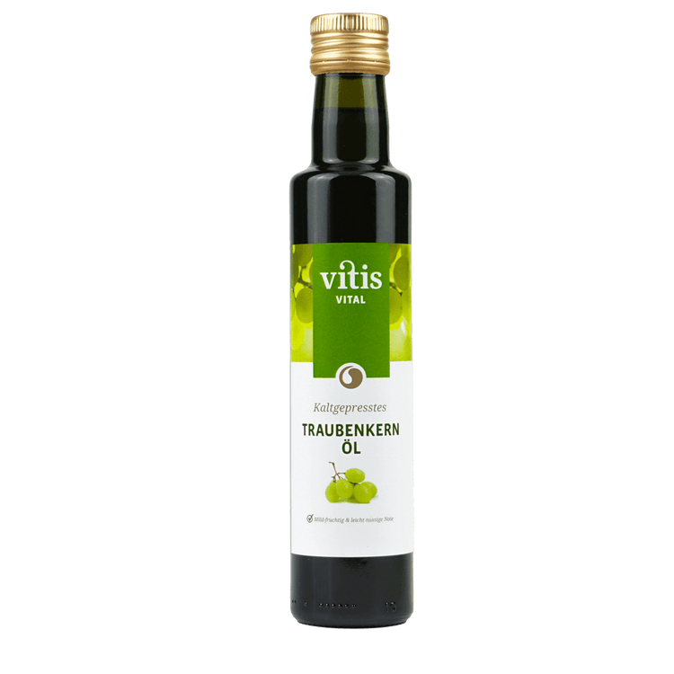 Eine Flasche 250ml kaltgepresstes Traubenkernöl von der Firma Vitis Traubenkern GmbH.