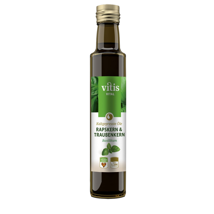 Eine Flasche 250ml kaltgepresstes Raps- und Traubenkernöl Geschmacksrichtung Basilikum von der Firma Vitis Traubenkern GmbH.