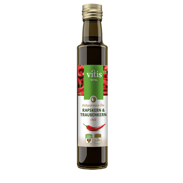 Eine Flasche 250ml kaltgepresstes Raps- und Traubenkernöl Geschmacksnote Chili von der Firma Vitis Traubenkern GmbH.