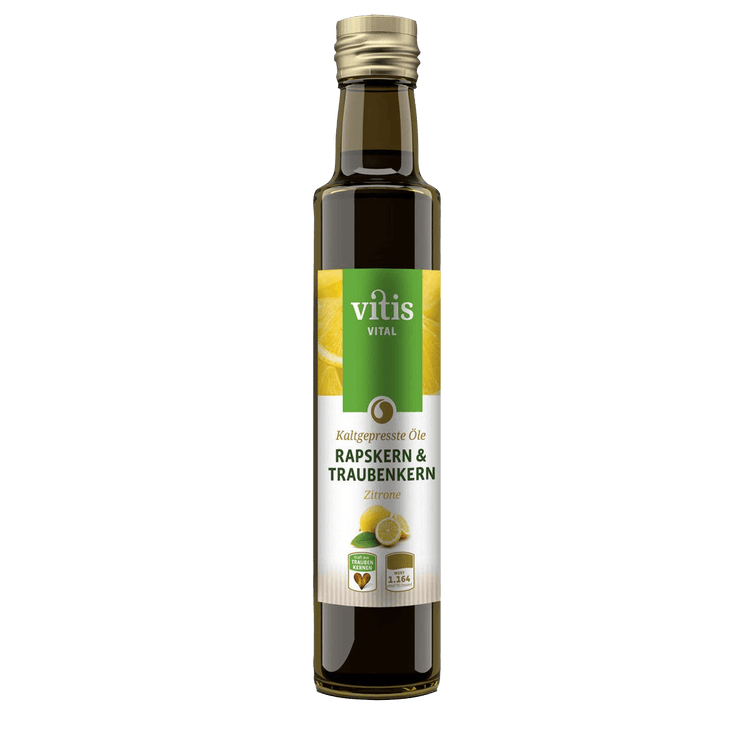 Eine Flasche 250ml kaltgepresstes Raps- und Traubenkernöl Geschmacksrichtung Zitrone von der Firma Vitis Traubenkern GmbH.