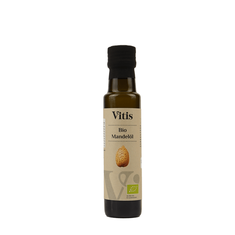 Eine Flasche 100ml kaltgepresstes Bio Mandelöl von der Firma Vitis Traubenkern GmbH.