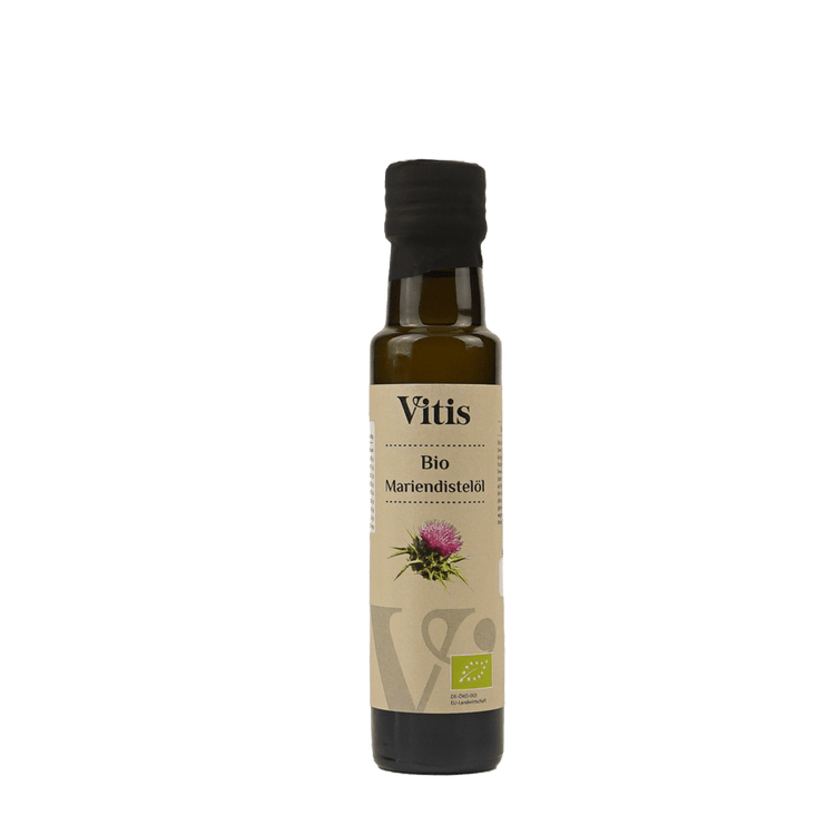 Eine Flasche 100ml kaltgepresstes Bio Mariendistelöl von der Firma Vitis Traubenkern GmbH.