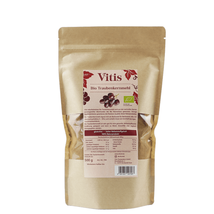 Eine Packung Bio Traubenkernmehl mit 500g von der Firma Vitis Traubenkern GmbH.