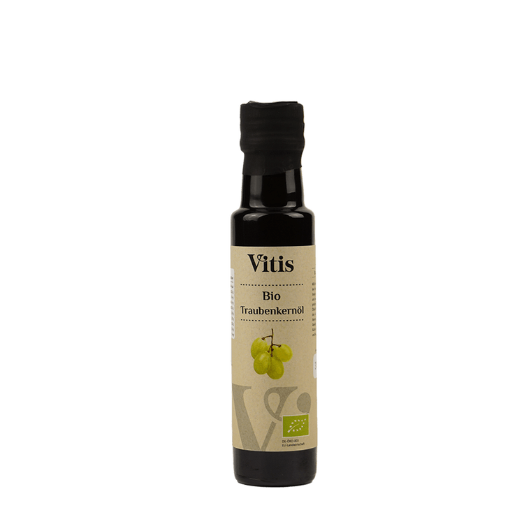 Eine Flasche 100ml kaltgepresstes Bio Traubenkernöl von Vitis24.
