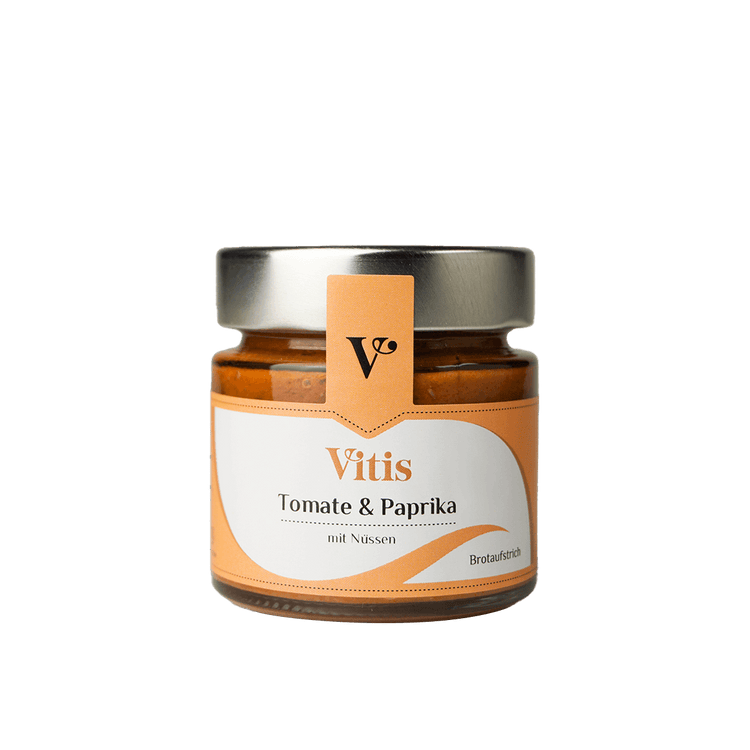 Ein Glas 125g Bortaufstrich Tomate und Paprika mit Nüssen von Vitis24.