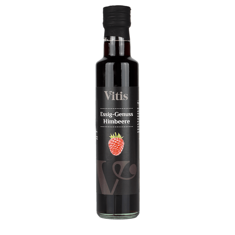 Eine Flasche 250ml Himbeer Fruchtessig von der Firma Vitis Traubenkern GmbH.