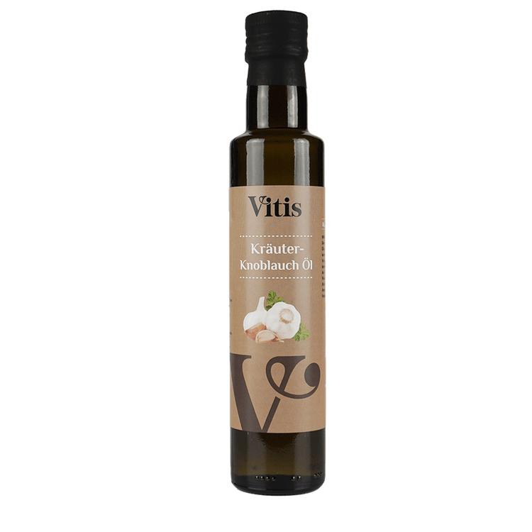 Eine Flasche 250ml kaltgepresstes Kräuter Knoblauch Öl von Vitis24.