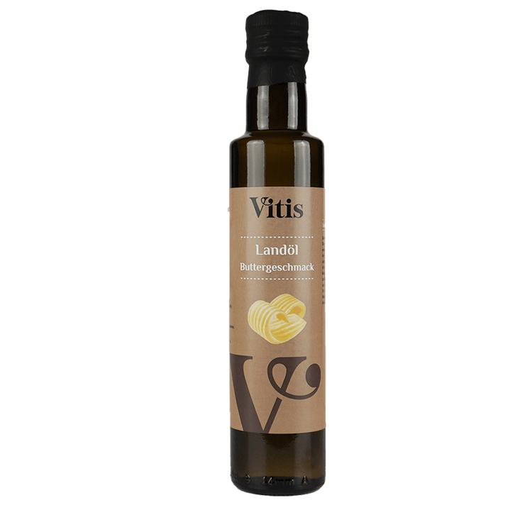 Eine Flasche 250ml kaltgepresstes Landöl mit Buttergeschmack von Vitis24.