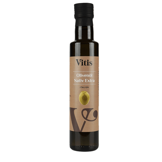 Eine Flasche 250ml kaltgepresstes italienisches Olivenöl nativ extra von Vitis24.