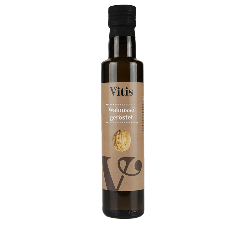 Eine Flasche 250ml kaltgepresstes Walnussöl geröstet von Vitis24.