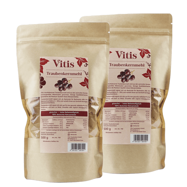 Eine Doppelpackung Traubenkernmhel mit insgesamt 1000g von der Firma Vitis Traubenkern GmbH.