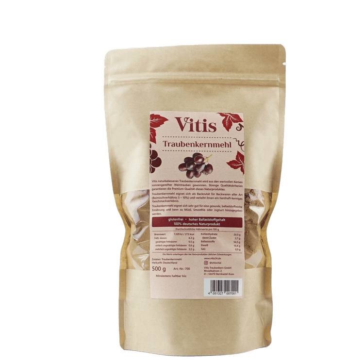 EIne Packung 500g Traubenkernmehl der Firma Vitis Traubenkern GmbH.