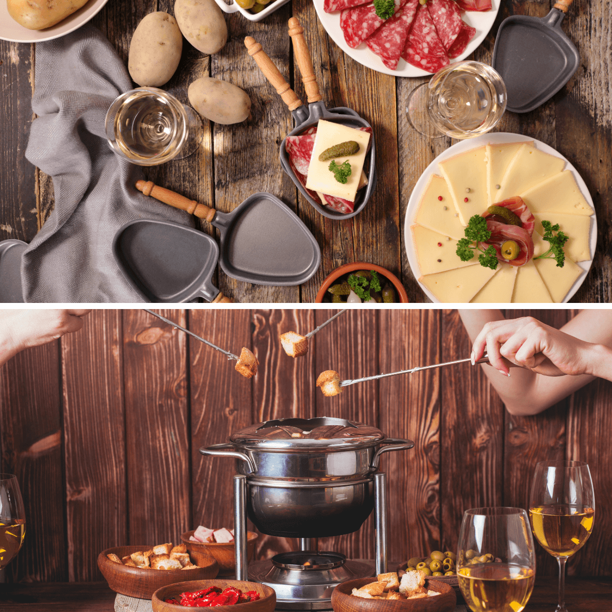 Ein zweigeteiltes Bild auf dem zum einen ein Raclette und zum anderen ein Fondue zu sehen sind.