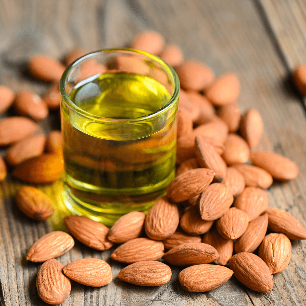 Ein kleines Glas Mandelöl von Vitis steht auf einem Holztisch.