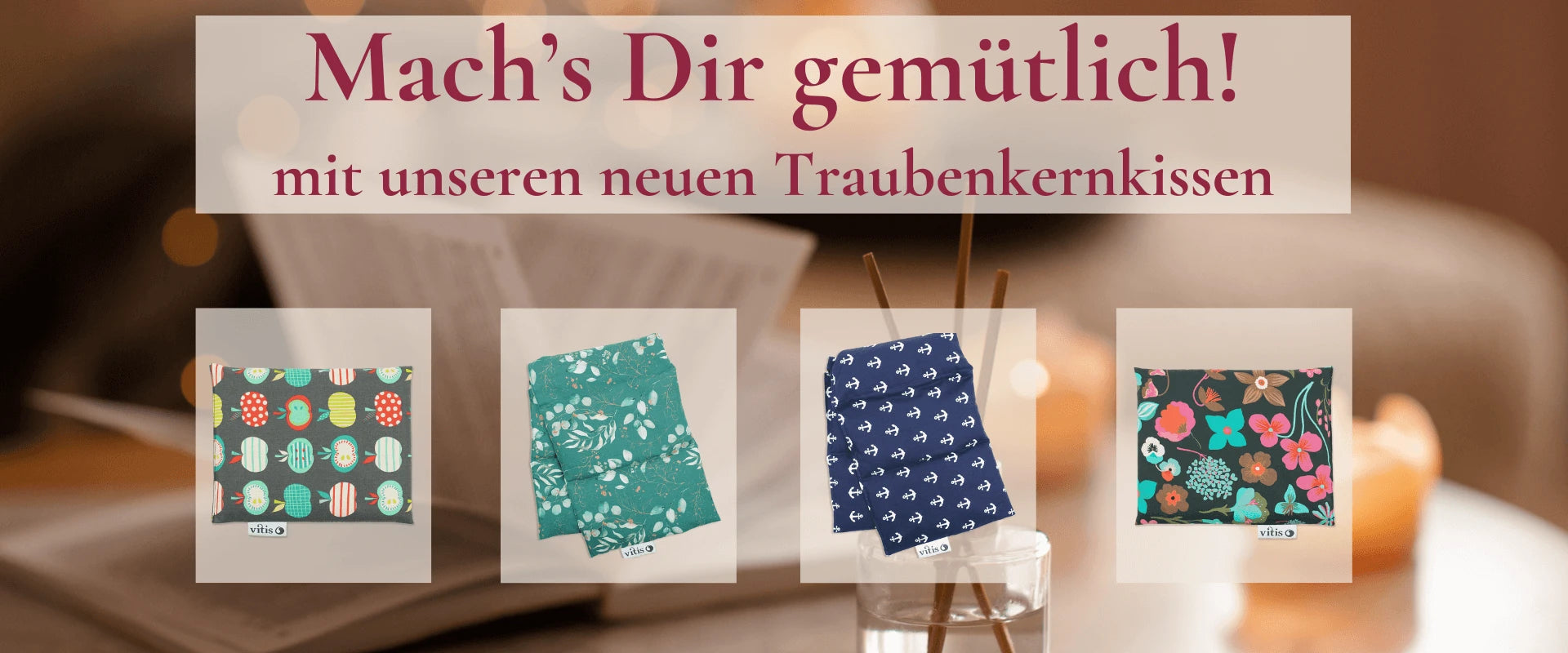 Traubenkernkissen von Vitis in verschiedenen Größen und mit verschiedenen Motiven auf einem Bild.