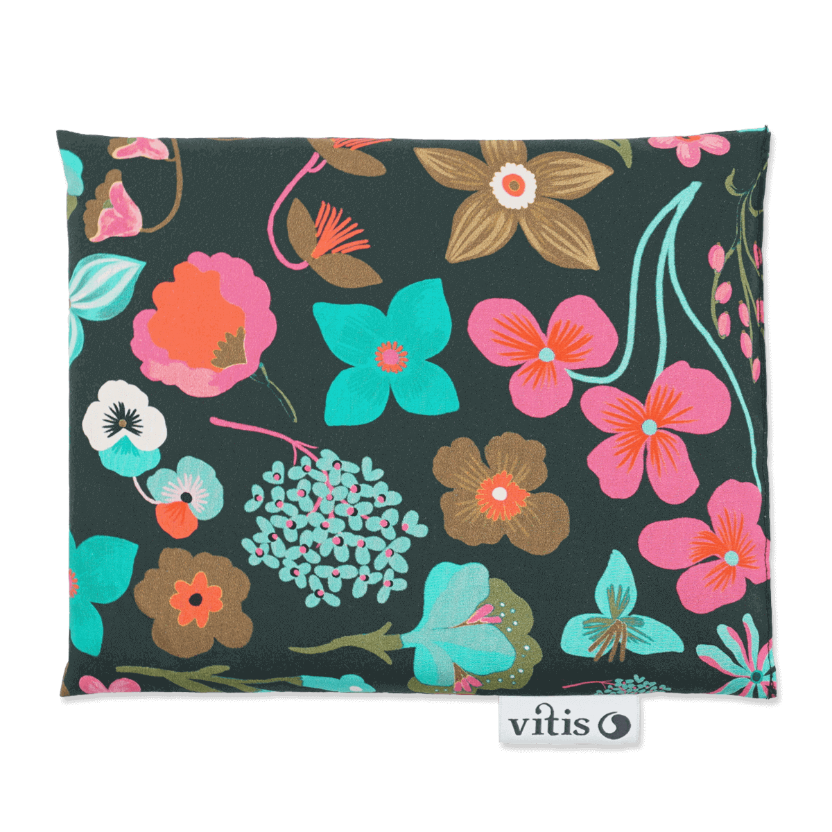 Ein großes Traubenkernkissen der Firma Vitis Traubenkern GmbH mit einem Blumen Motiv.