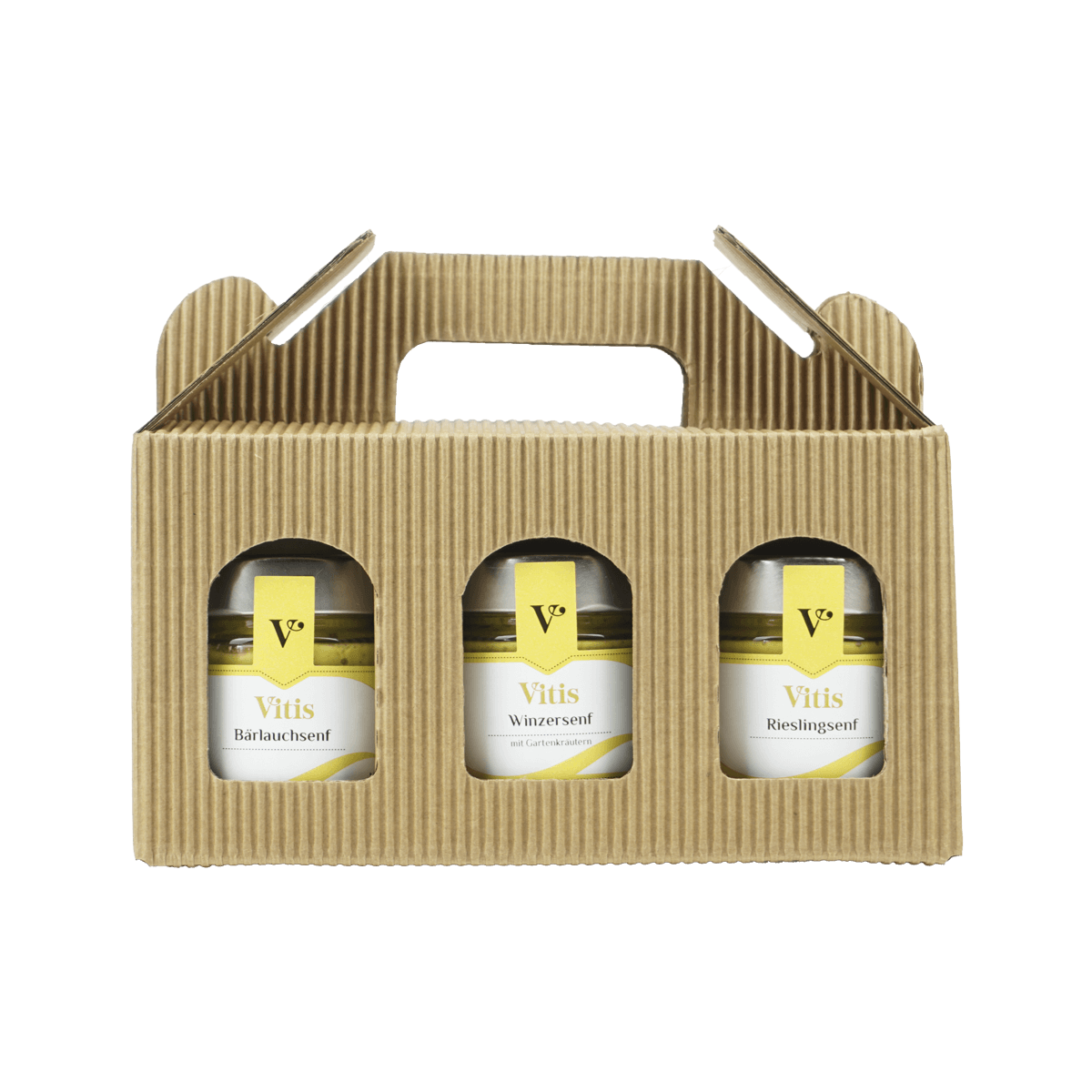 Eine Geschenkbox mit Bärlauchsenf, Rieslingsenf und Winzersenf der Firma Vitis Traubenkern GmbH.
