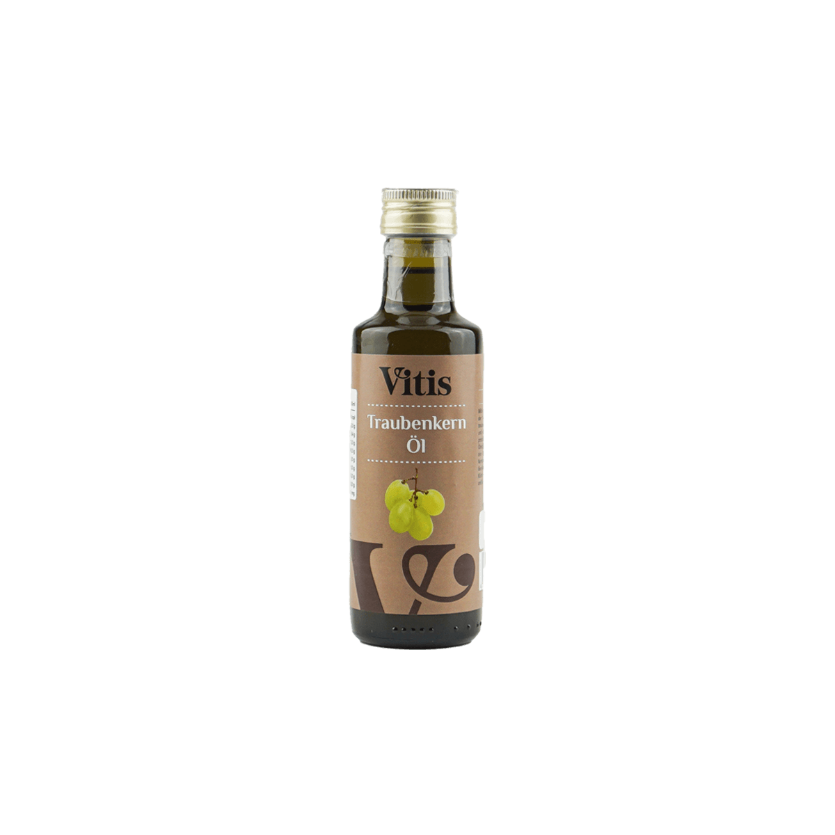 Eine Flasche 100ml kaltgepresstes Traubenkernöl der Firma Vitis Traubenkern GmbH.