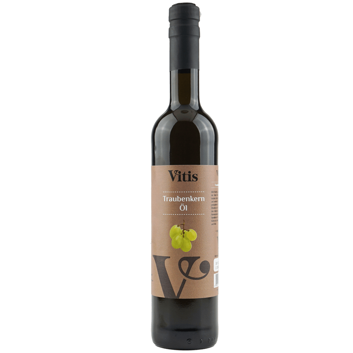 Eine Flasche 500ml kaltgepresstes Traubenkernöl der Firma Vitis Traubenkern GmbH.