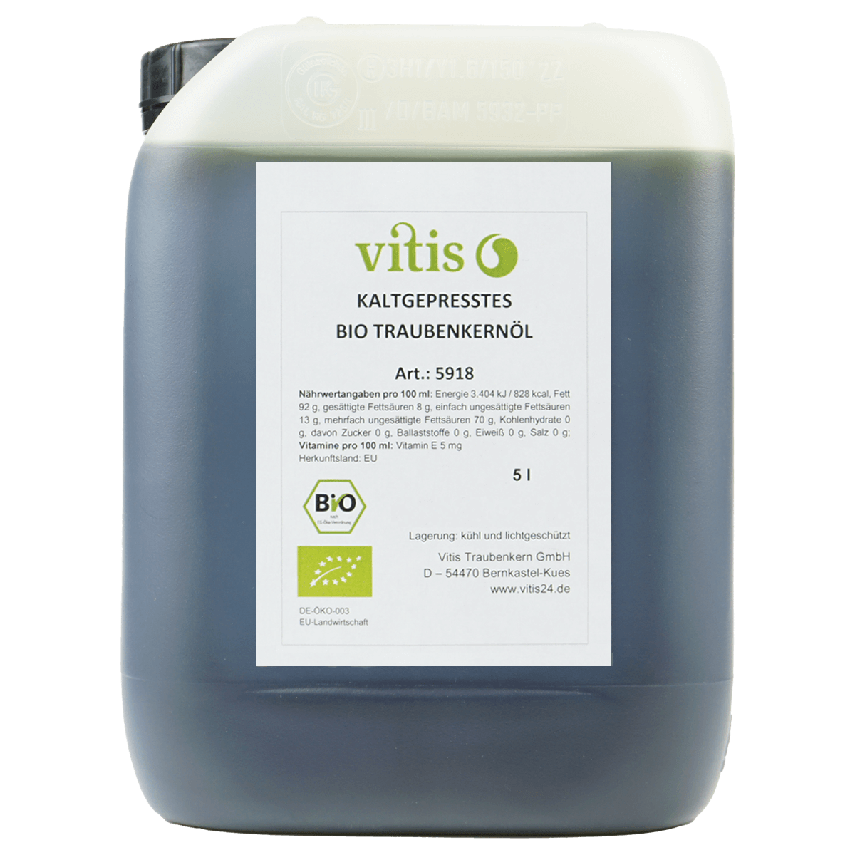 Ein 5 Liter Kanister kaltgepresstes Bio Traubenkernöl der Firma Vitis Traubenkern GmbH.