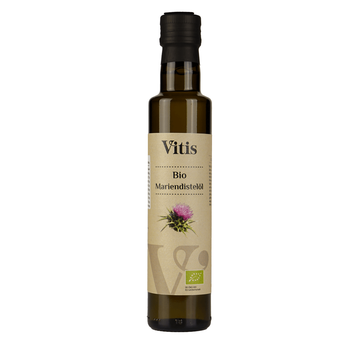 Eine 250 ml Flasche Bio Mariendistelöl von der Firma Vitis Traubenkern GmbH.