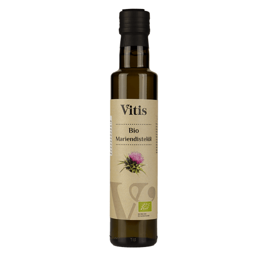 Eine 250 ml Flasche Bio Mariendistelöl von der Firma Vitis Traubenkern GmbH.