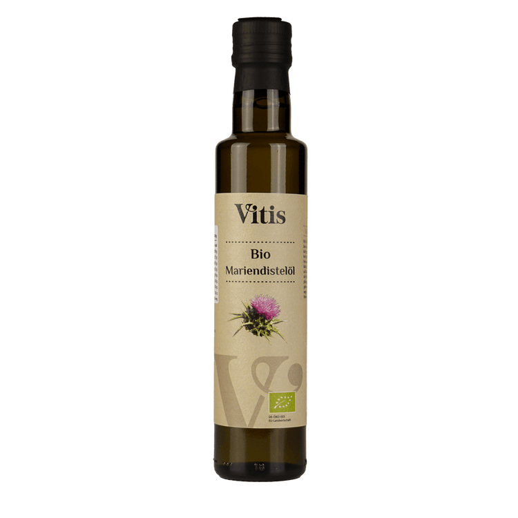 Eine 250 ml Flasche Bio Mariendistelöl von der Firma Vitis Traubenkern GmbH.