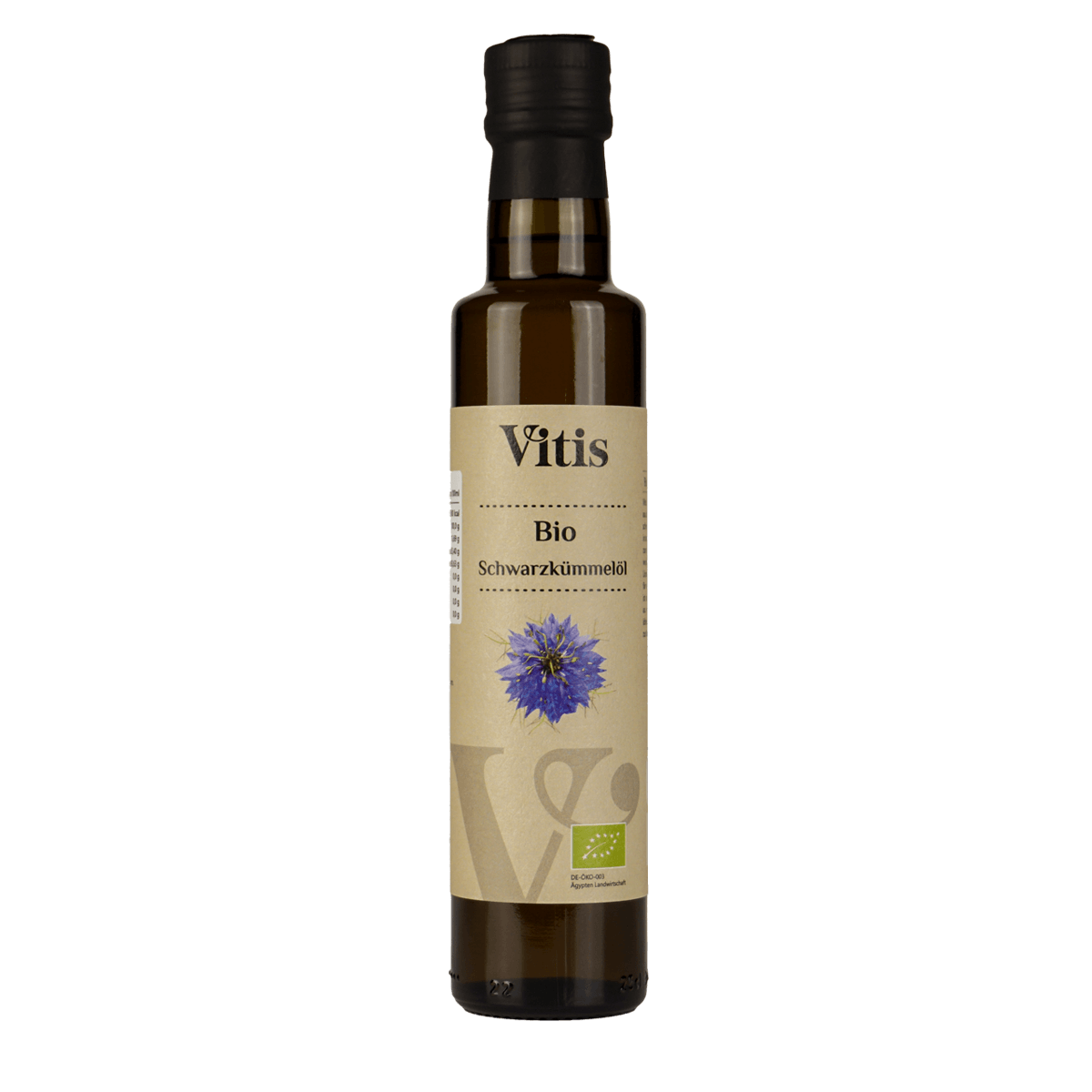 Eine 250ml Flasche Bio Schwarzkümmelöl von der Firma Vitis Traubenkern GmbH.