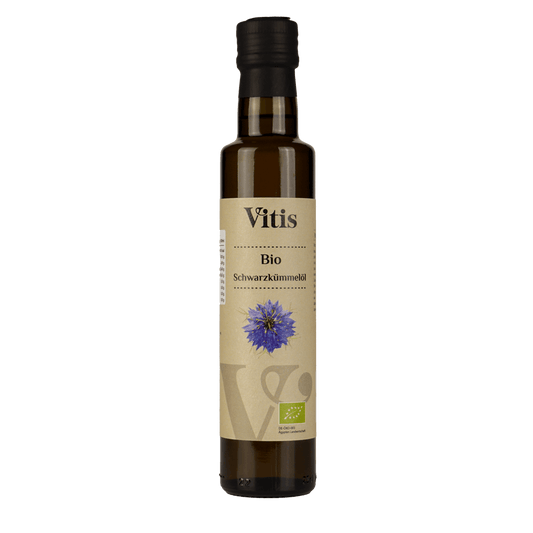 Eine 250ml Flasche Bio Schwarzkümmelöl von der Firma Vitis Traubenkern GmbH.