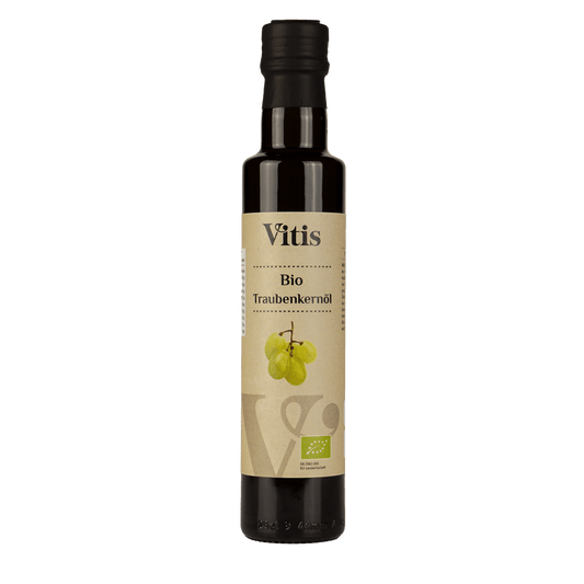 Eine Flasche 250ml kaltgepresstes Bio Traubenkernöl der Firma Vitis Traubenkern GmbH.
