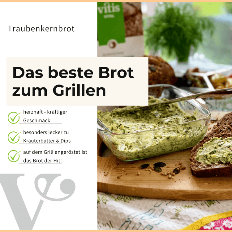 Vitis24 Traubenkernbrot mit Kräuterbutter und einem Text zu den Vorteilen.