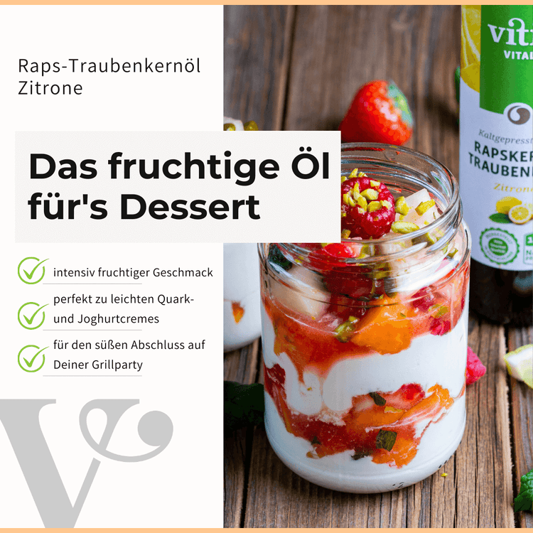 Ein Dessert mit Raps- & Traubenkernöl Zitrone von Vitis24 und einem Text zum fruchtigen Geschmack.