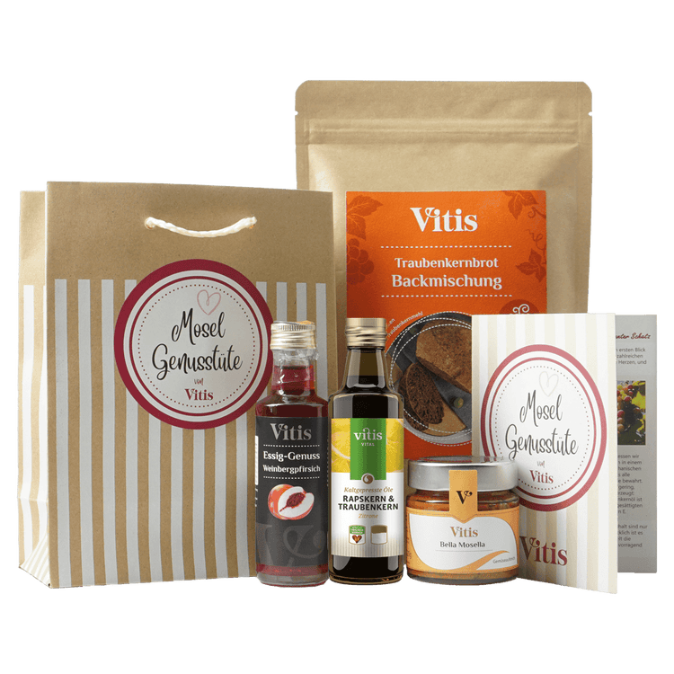 Vier regionale Feinkostspezialitäten als Mosel Genusstüte von der Firma Vitis Traubenkern GmbH.