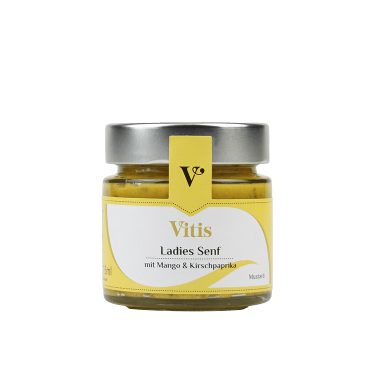 Ein 115ml Glas Ladies Senf mit Mango und Kirschpaprika der Firma Vitis Traubenkern GmbH.