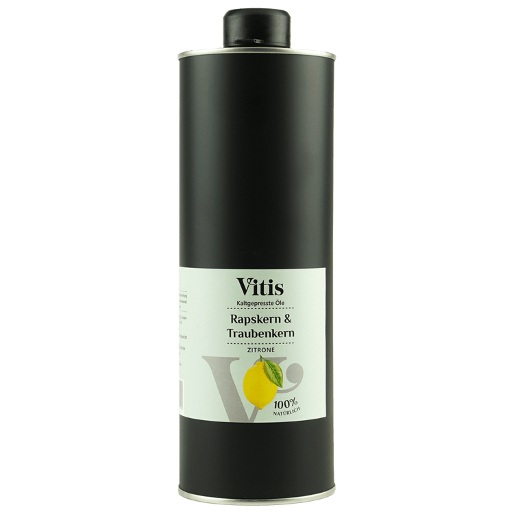 Eine 1 Liter Dose Raps- & Traubenkernöl Zitrone von der Firma Vitis Traubenkern GmbH.
