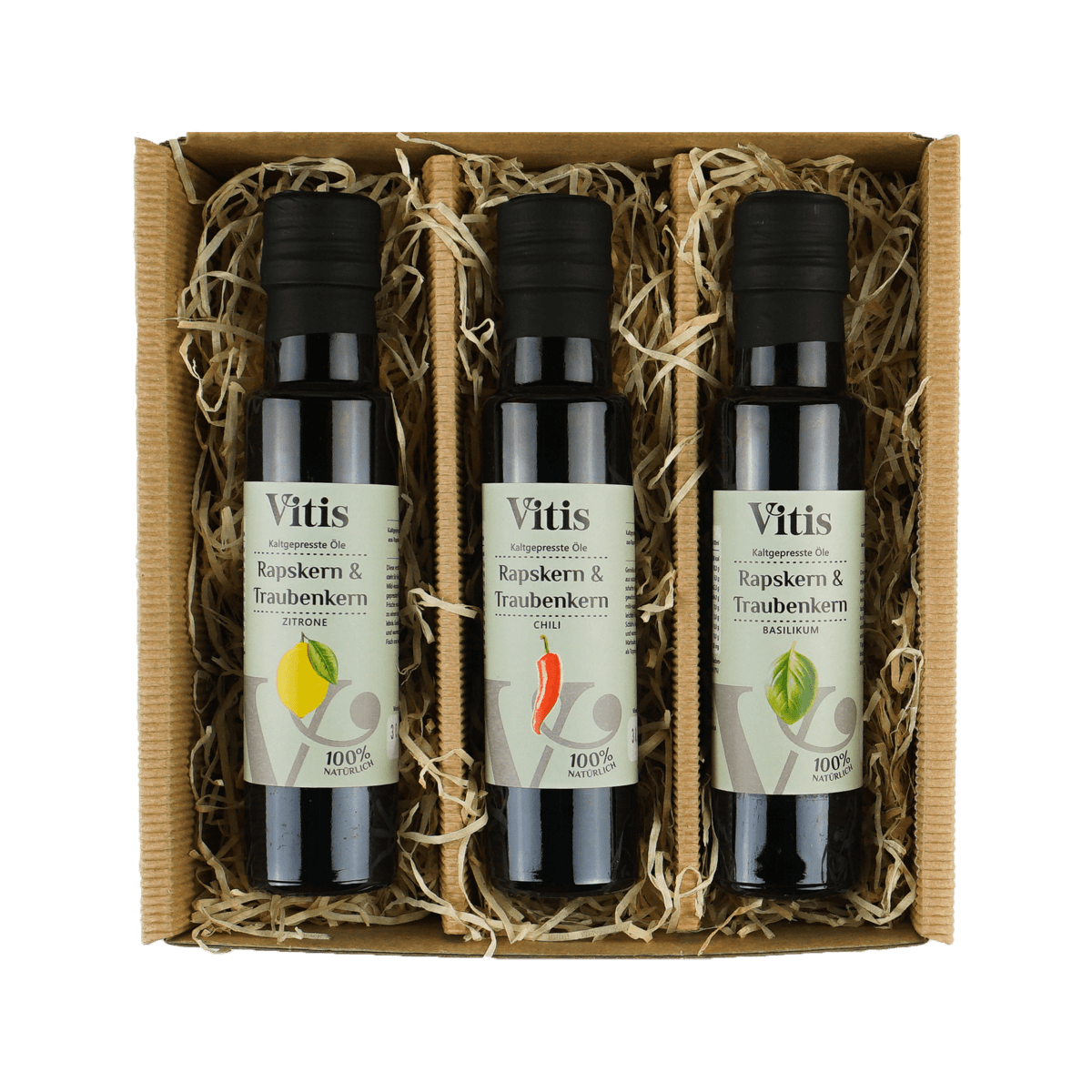 Eine Geschenkbox mit drei Raps- und Traubenkernölen der Firma Vitis Traubenkern GmbH.