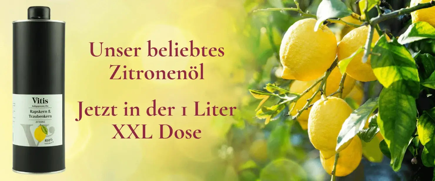 Ein Bild mit der 1 Liter Dose Raps- & Traubenkernöl Zitrone von der Firma Vitis Traubenkern GmbH neben einem Zitronenbaum.