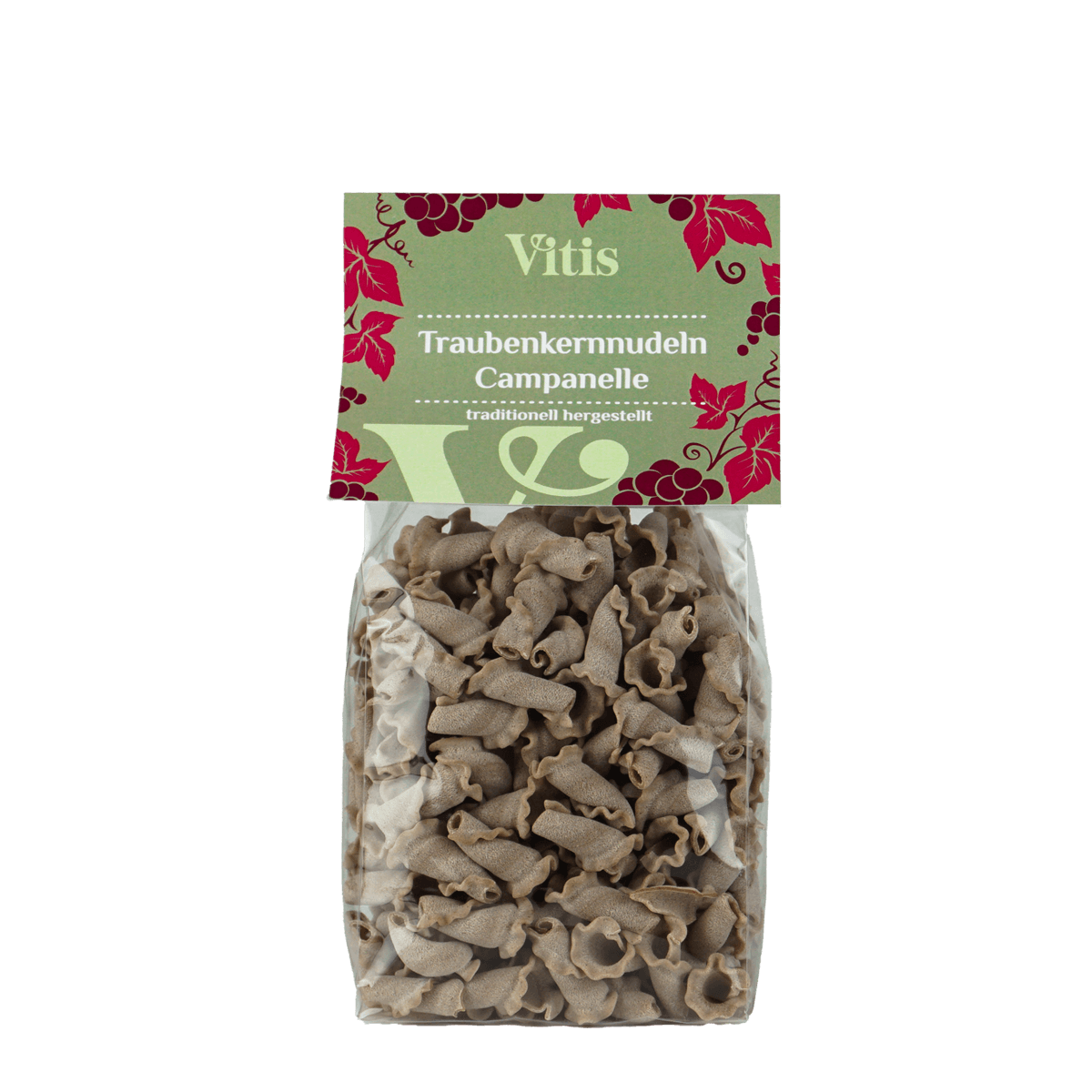Eine 250g Packung Traubenkernnudeln Campanelle von der Firma Vitis Traubenkern GmbH.