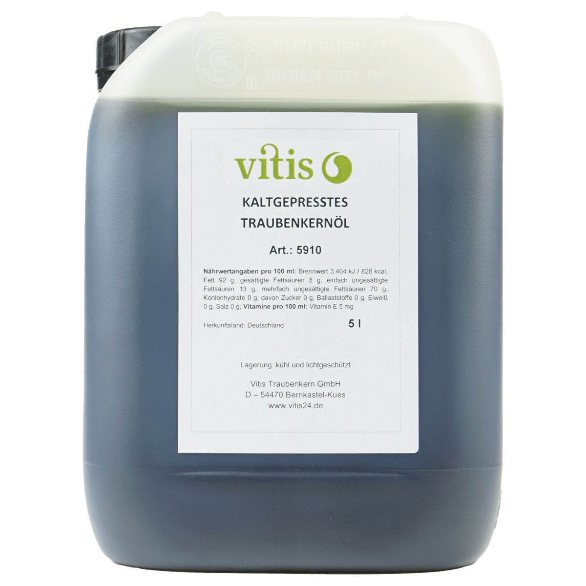 Ein 5 Liter Kanister kaltgepresstes Traubenkernöl der Firma Vitis Traubenkern GmbH.