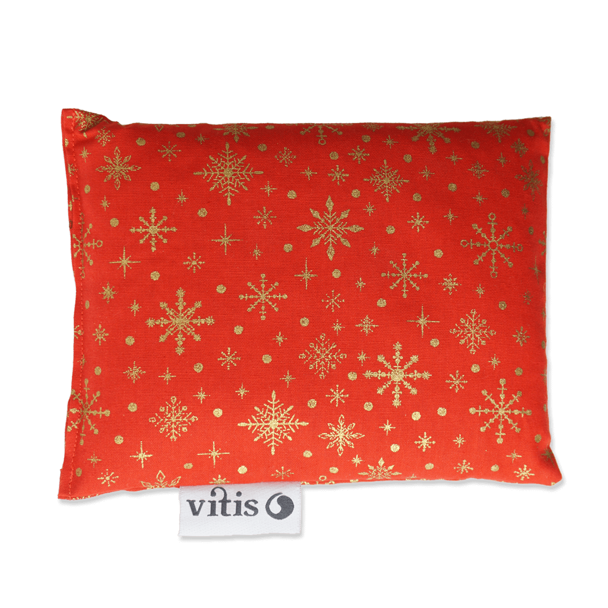 Ein rotes Traubenkernkissen von Vitis24 mit  einem weihnachtlichen Motiv.