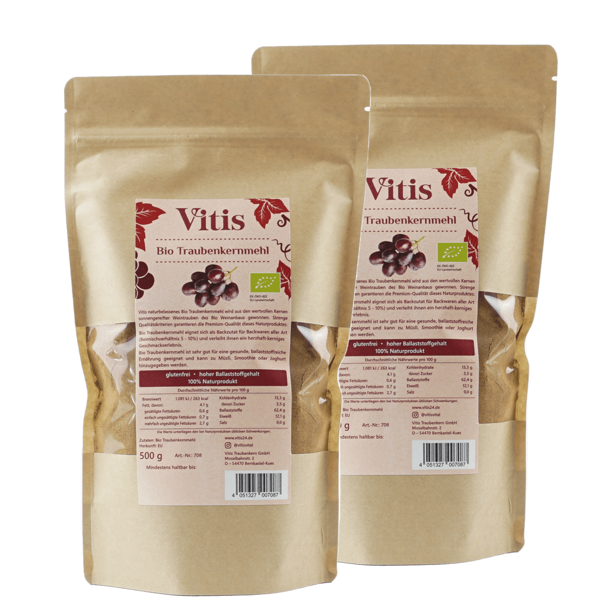 Eine Doppelpackung Bio Traubenkernmehl mit insgesamt 1000g von der Firma Vitis Traubenkern GmbH.