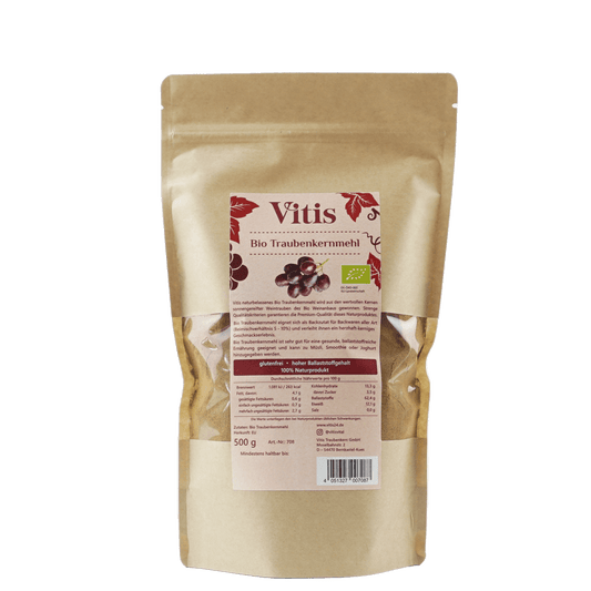Eine Packung Bio Traubenkernmehl mit 500g von der Firma Vitis Traubenkern GmbH.