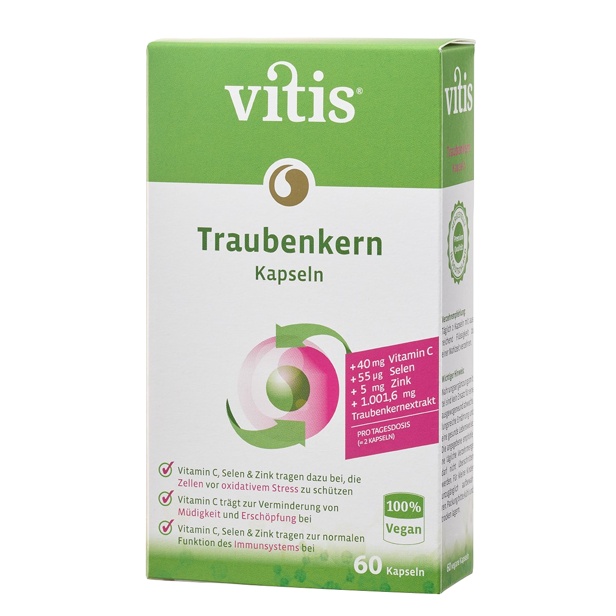 Eine Packung mit 60 Traubenkernkapseln von der Firma Vitis Traubenkern GmbH.